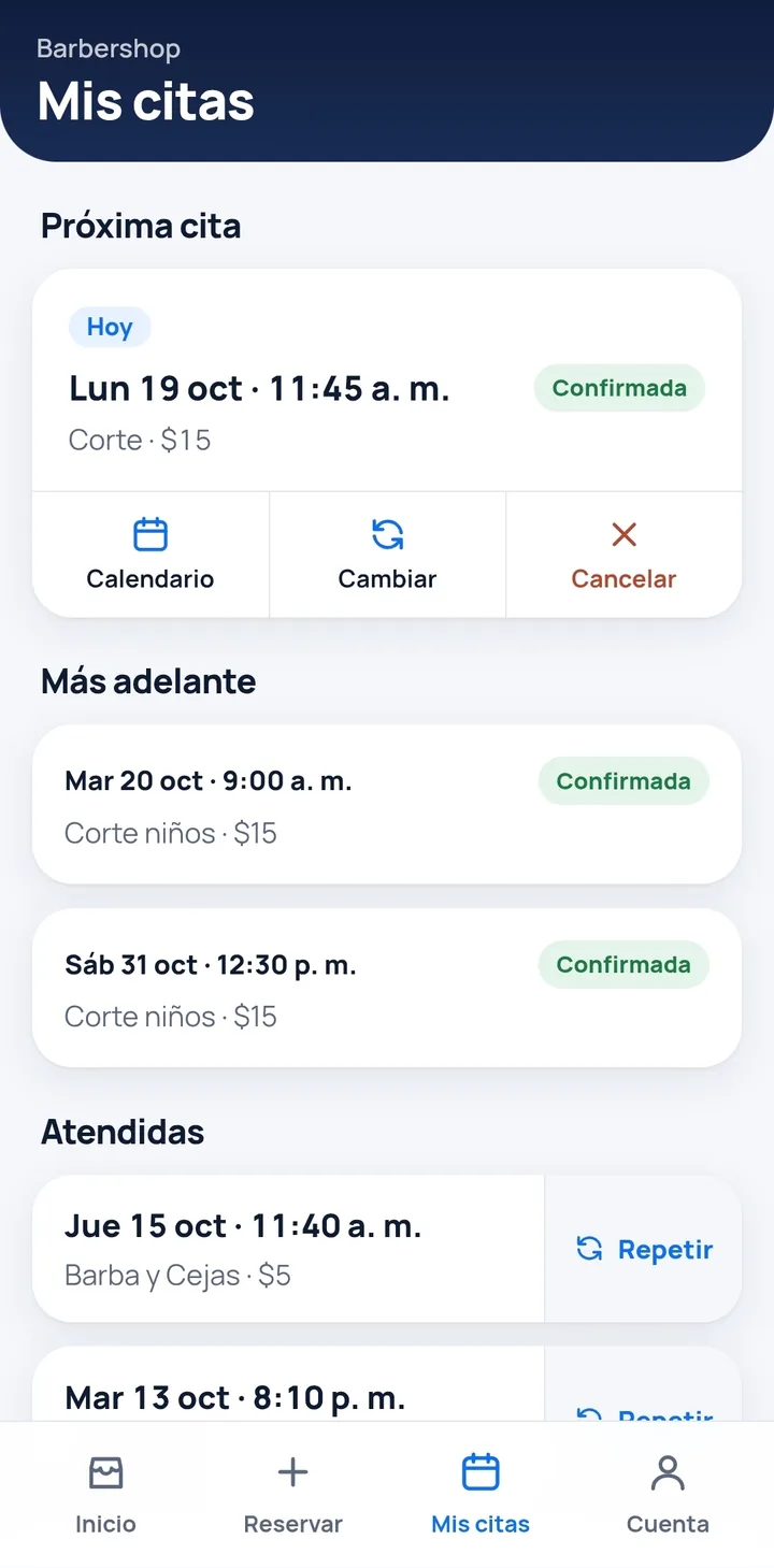 Mis citas en la app del cliente: próxima cita, más adelante y atendidas