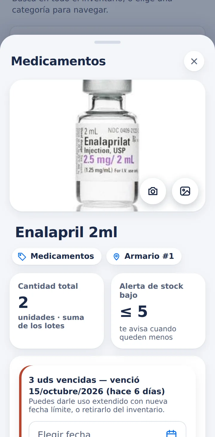 Detalle de un artículo con sus lotes vencidos, con las opciones de uso extendido o retirar el lote