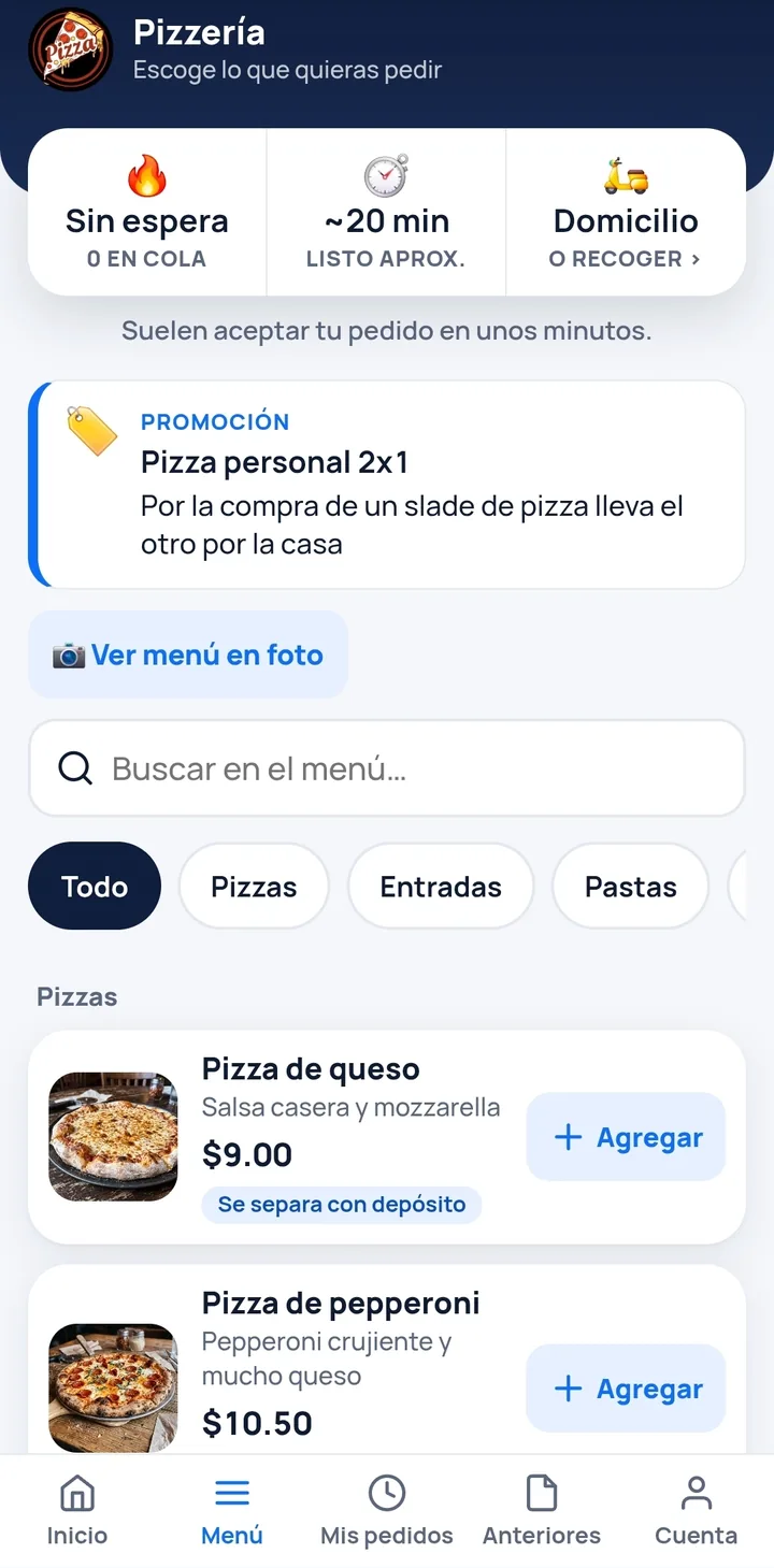 El menú de una app de pedidos en línea