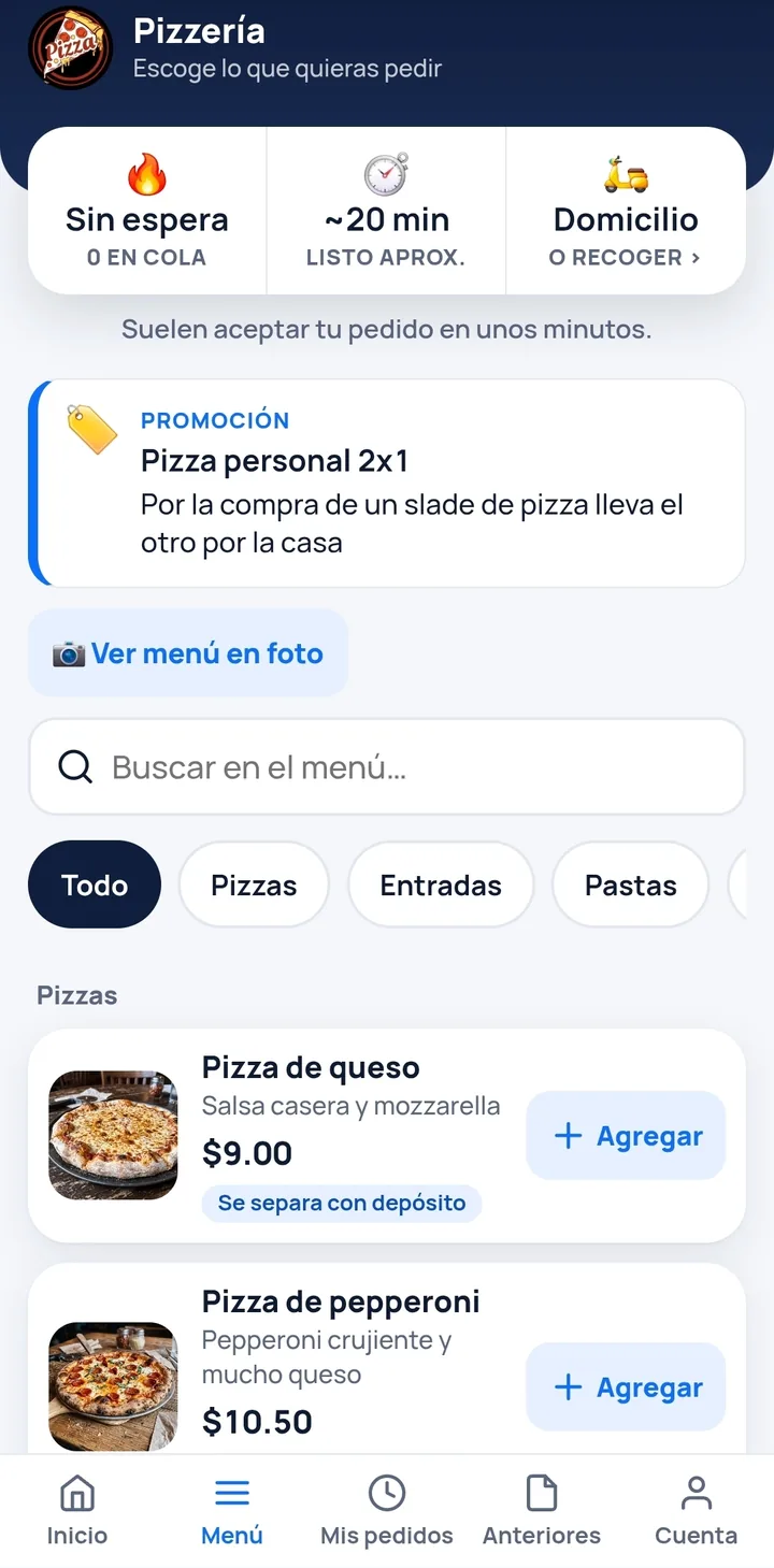 El menú del negocio, con las categorías y los platos para agregar