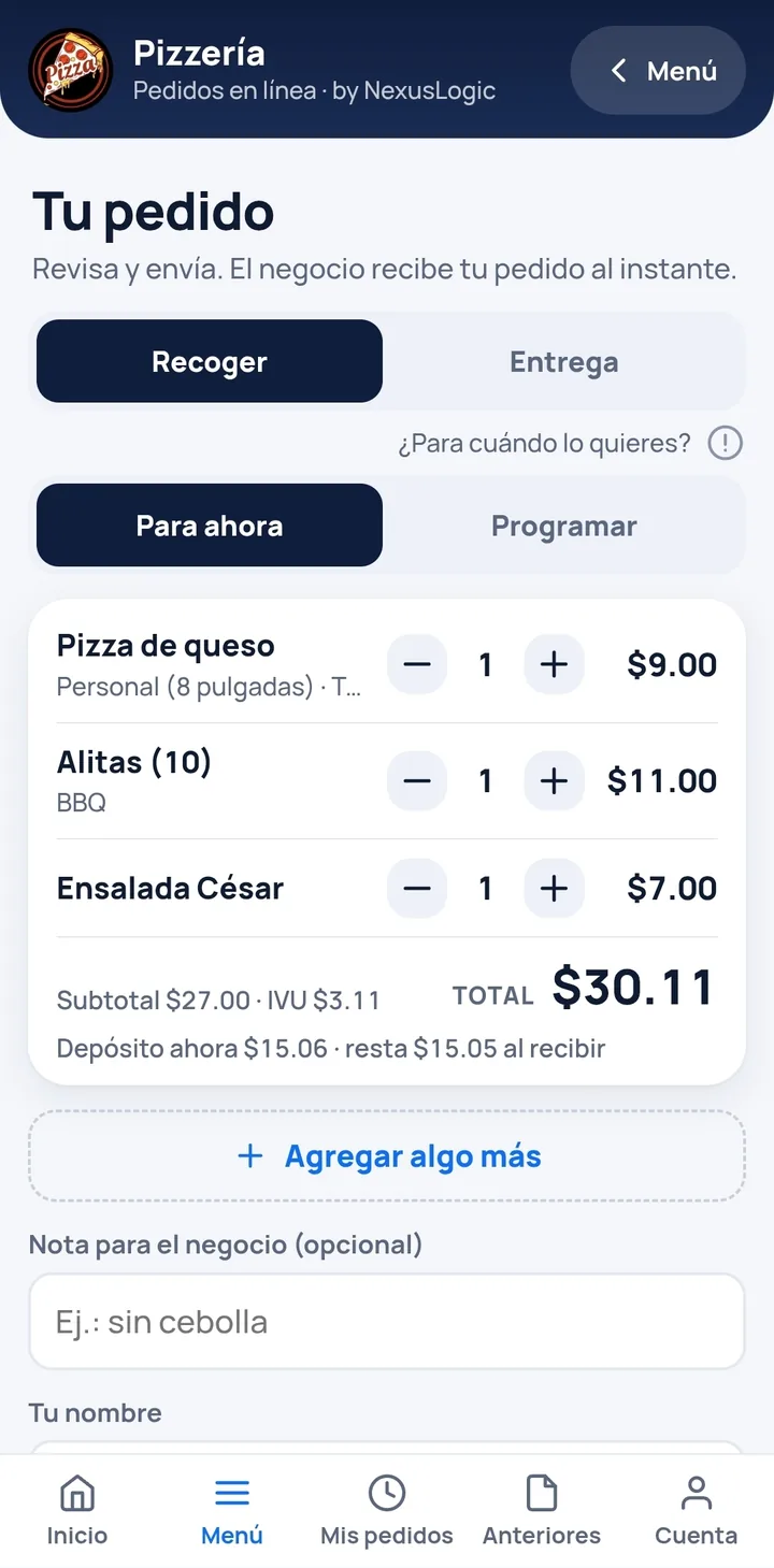 El pedido del cliente con los platos, el total y el depósito