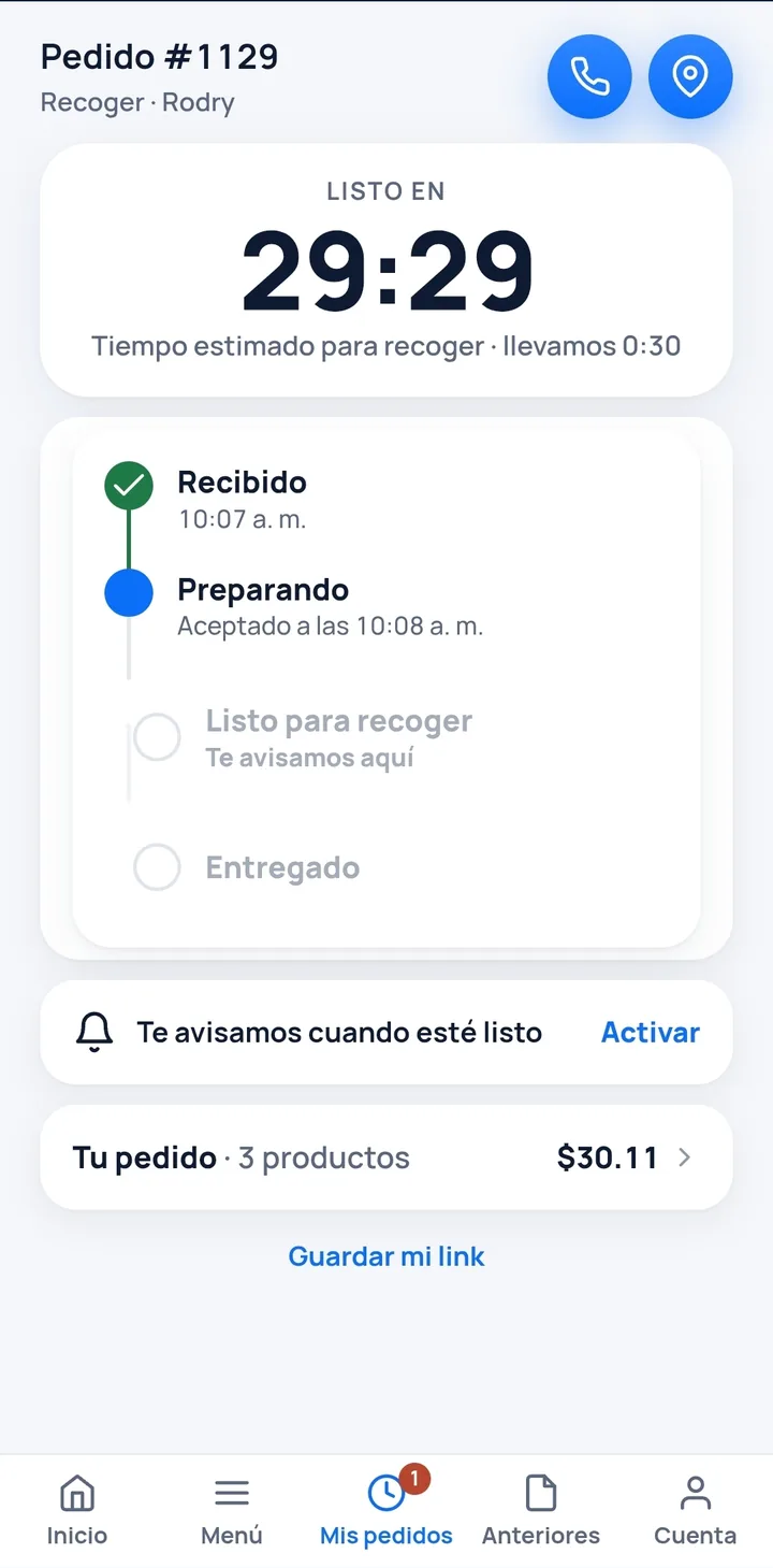 El seguimiento del pedido, con el tiempo que falta y el paso en que va