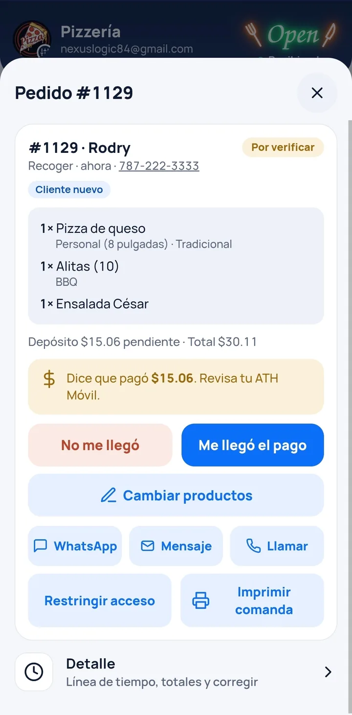 El panel del negocio con el detalle de un pedido y la verificación del depósito