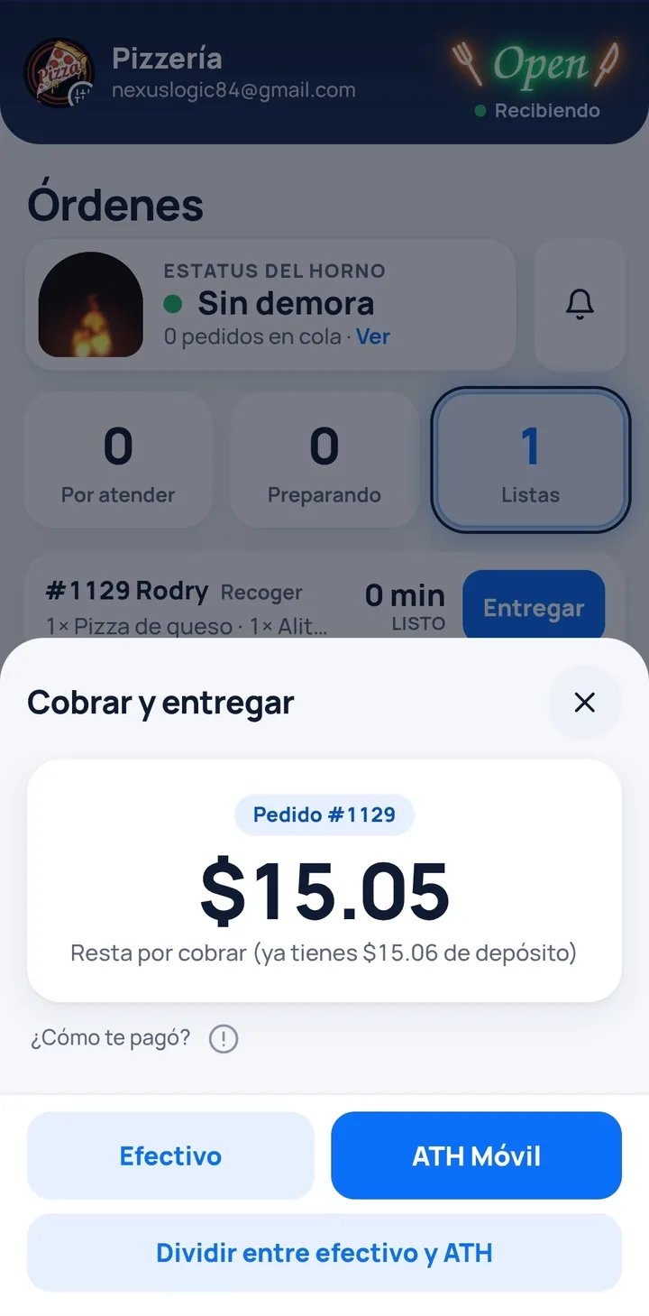 El panel del negocio al cobrar y entregar, con efectivo, ATH Móvil o pago dividido