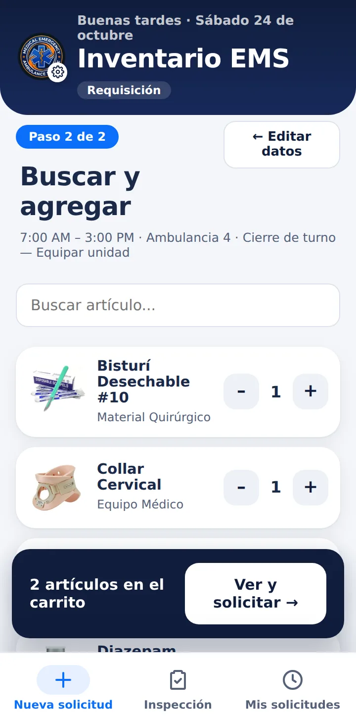 Catálogo con la foto de cada artículo y el carrito con dos artículos