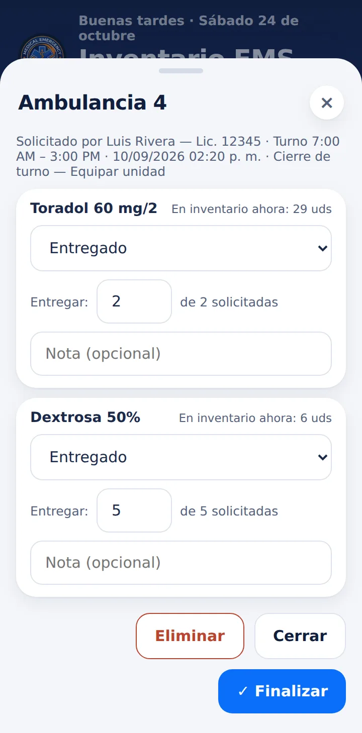 Pantalla del jefe para despachar una solicitud, con lo que hay en inventario