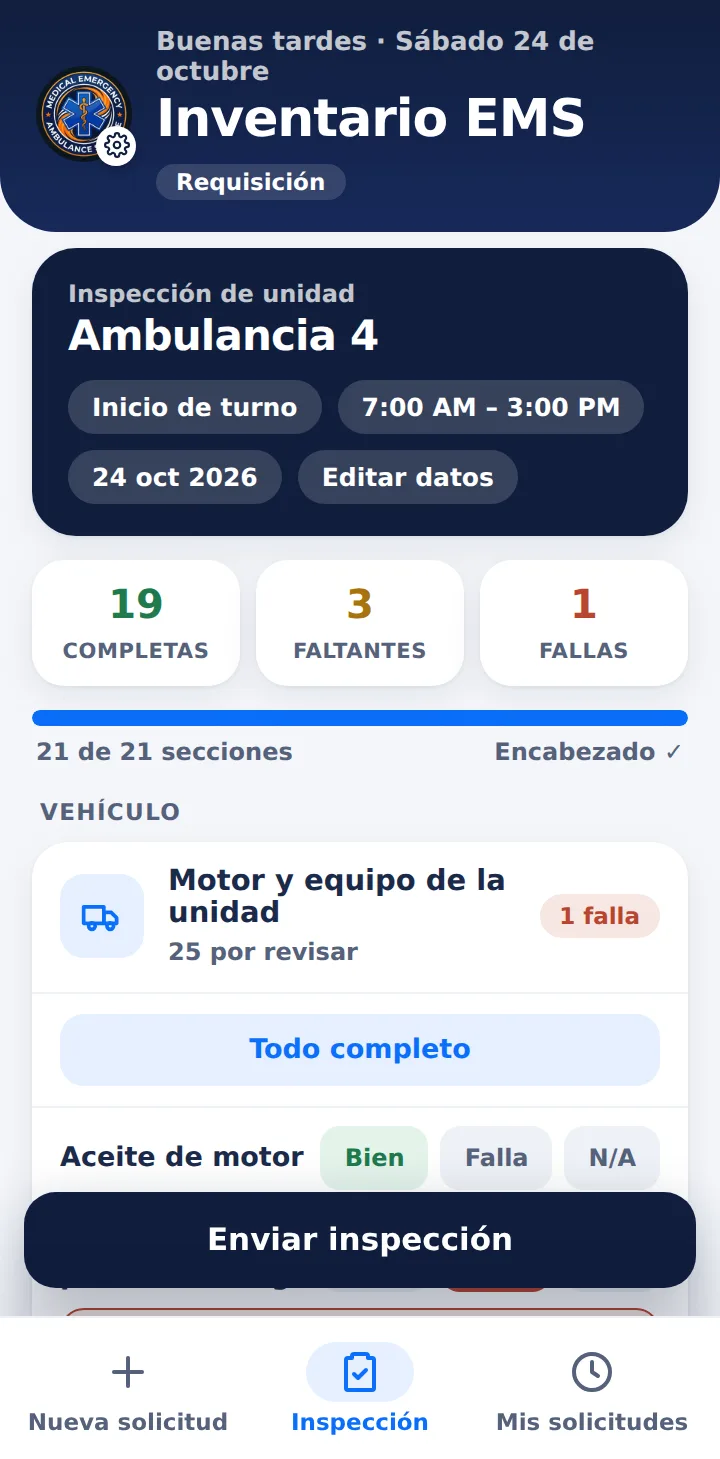 Inspección de una unidad con contadores de secciones completas, faltantes y fallas